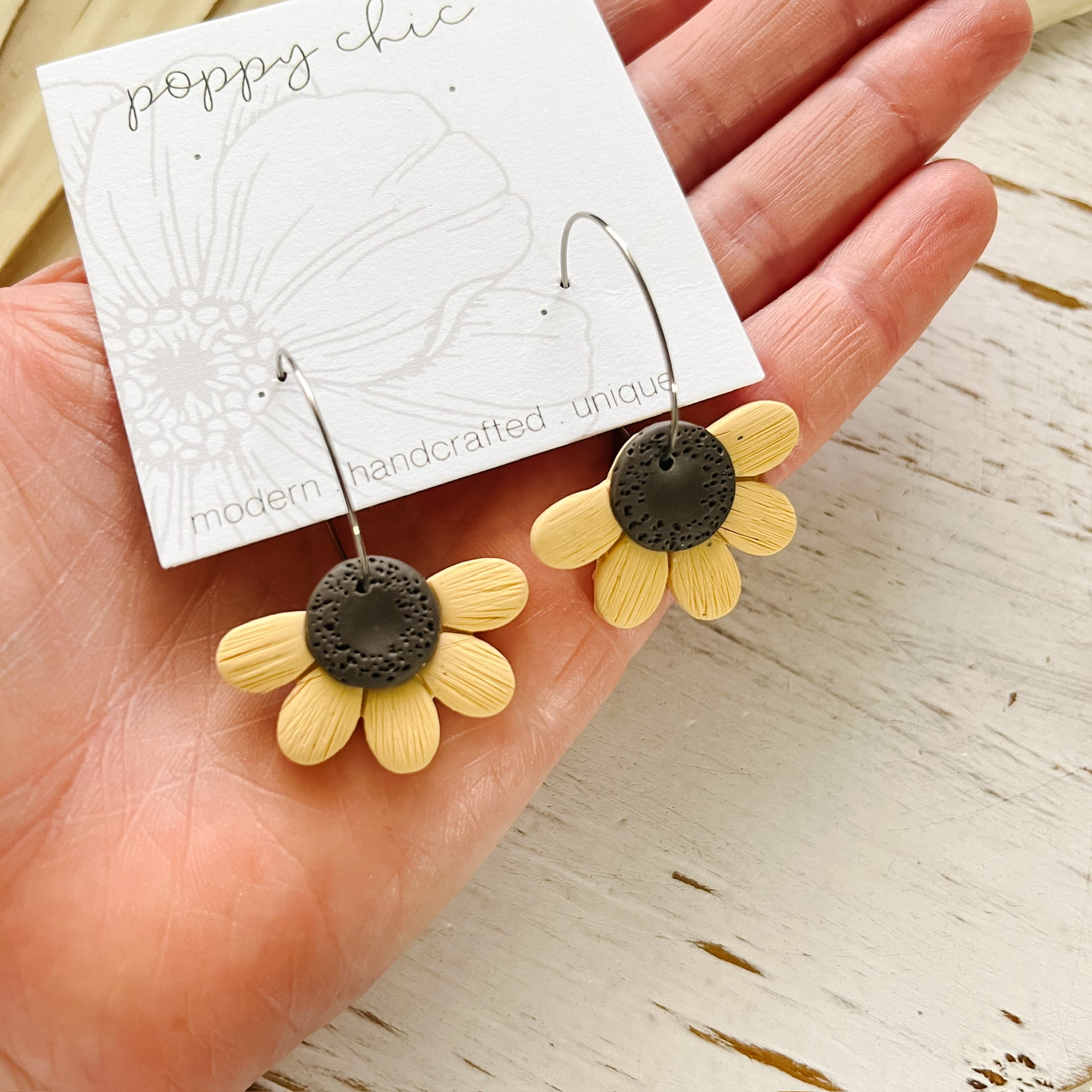 Handmade Sunflower Shaped Polymer Clay Earrings in Brown and Yellow