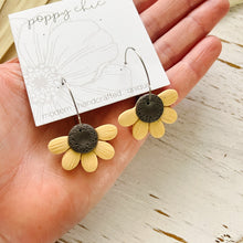 Load image into Gallery viewer, Handmade Sunflower Shaped Polymer Clay Earrings in Brown and Yellow
