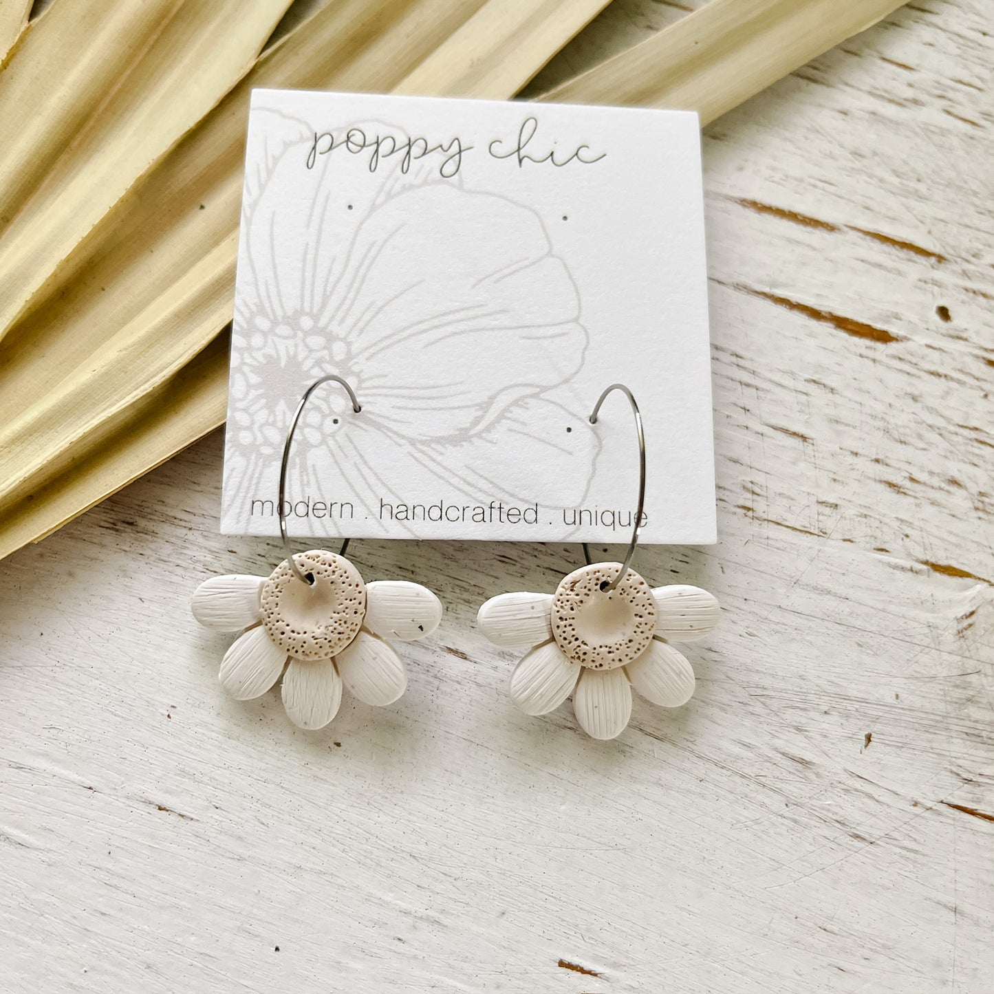 Handmade Daisy Shaped Polymer Clay Earrings in White and Cream