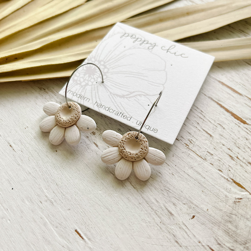 Handmade Daisy Shaped Polymer Clay Earrings in White and Cream